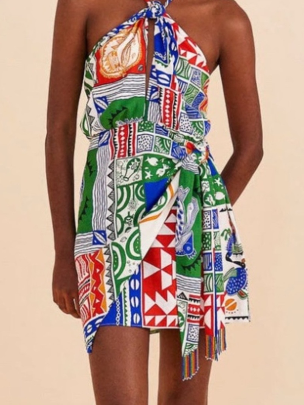 FARM Rio Multicolor Halter Wrap Mini dress with beaded trim